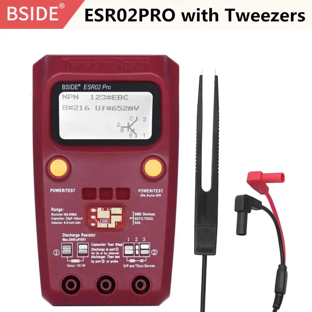 BSIDE ESR02PRO Цифровой транзистор SMD компоненты тест мультиметр Емкость Диод Триод индуктивность мультиметр ESR тест er - Цвет: ESR02PRO-RED-Twz