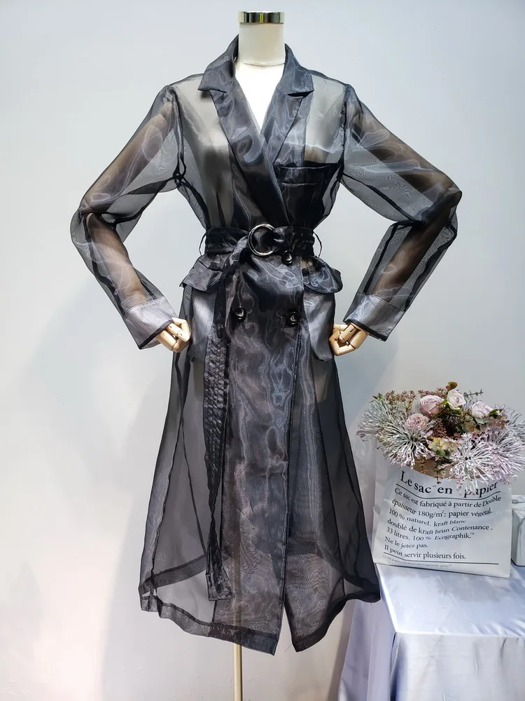 

Autumn temperament lady windbreaker light and thin perspective organza long slim coat