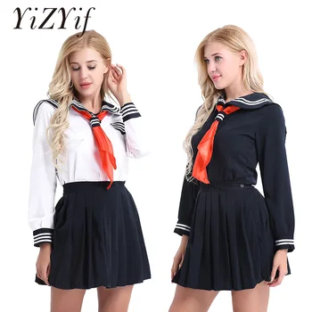 

Japanese Anime Cosplay Costume School Girl Uniform sailor Suit Long Sleeve Shirt with Pleated Skirt Triangle Neckerchief Set