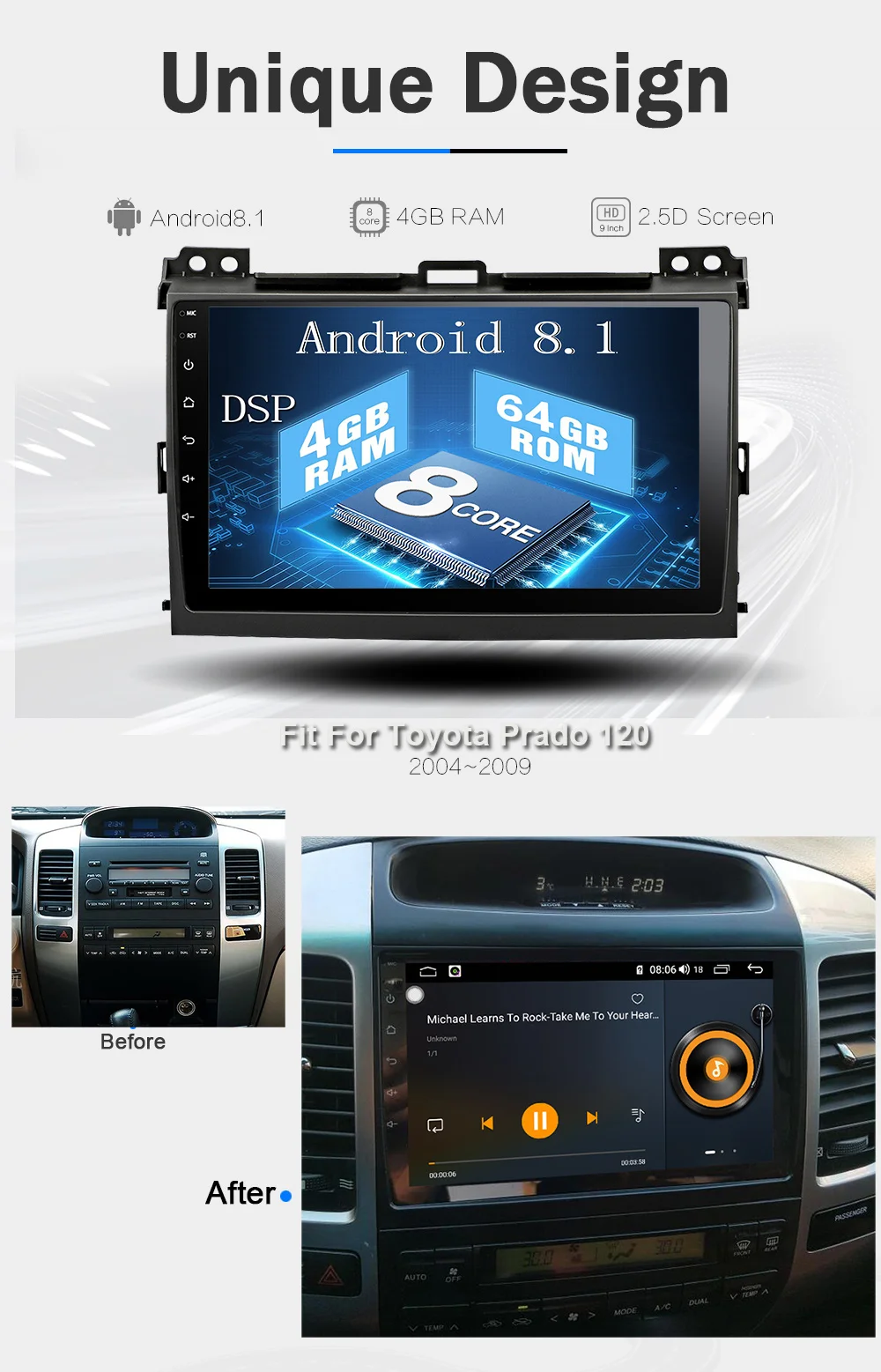 Funrover 9 'ips Android 9,0 Автомобильная Мультимедийная Автомагнитола для Toyota Land Cruiser Prado 120 2004-2009 8 яд рами gps Navi Навигация стерео плеер