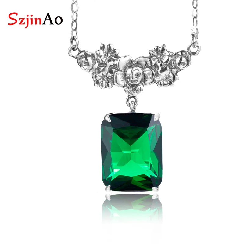 

SzjinAo Handmade Big Emerald Pendant Necklace Solid 925 Sterling Silver March Birthstone Luxury Fine Jewelry Anniversary Gift