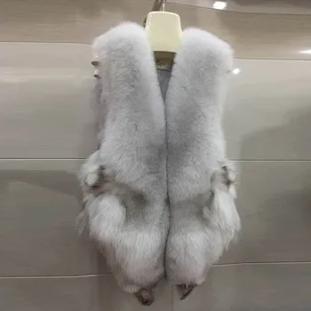 

Whole skin fox fur vests women V neck real fur with head fashion waistcoats woman sleeveless fur jackets 2018 autumn winter