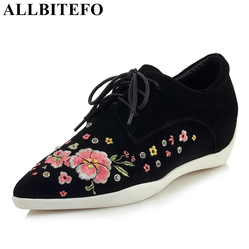 

ALLBITEFO fashion brand Embroidery genuine leather pointed toe women shoes spring women high heel shoes office ladies shoes