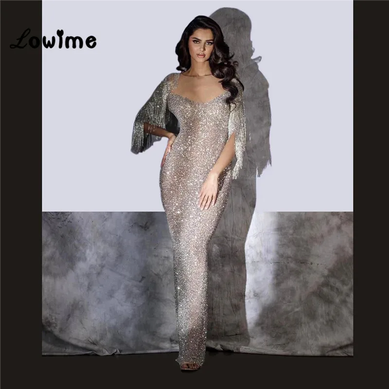 

Silver Beading Handmade Beaded Arabic Dress Half Sleeves Floor Length Party Dress For Weddings Robe De Soiree 2018 Evening Gown