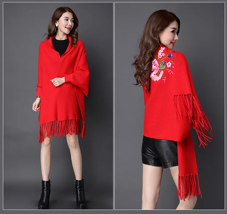 

SC89 2018 Embroidered Warm Scarf Winter Faux Cashmere Poncho Women Female Long Sleeves Wrap Vintage Shawl With Back Floral
