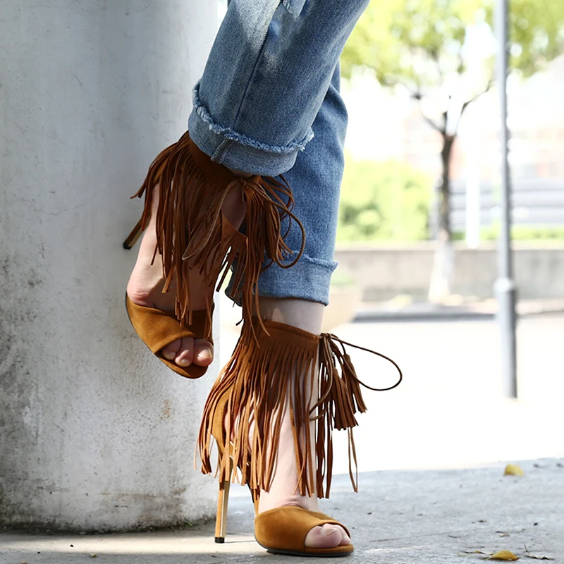 Новые летние туфли-лодочки для женская обувь модные, пикантные ремешками на высоком каблуке 11 см, обувь на высоком каблуке; босоножки с кисточками; женские Ремешок на щиколотке сандалии
