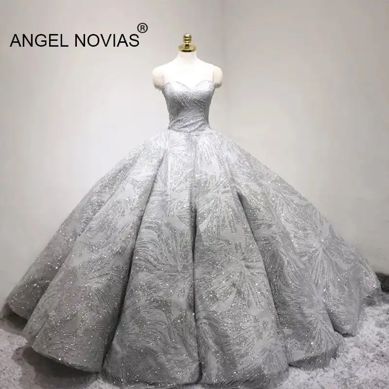 Angel Novias Long Plus Size Silver Glitter Ball Gown Puffy Saudi