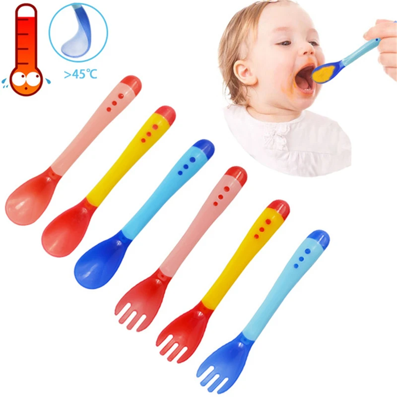 Baby Spoon Silicone Material Newborn Feeding Supplement Spoon Utensils Temperature Sensing Spoon Baby Tableware Spoon+Fork