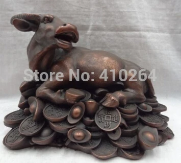 

10" Chinese Pure Bronze Year Zodiac Wealth YuanBao Coin Strong Bull Ox Statue