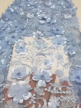 

2018 Latest Design Sky Blue Beads African Tulle Lace Fabric African Lace Fabric With 3d flower Lace Material For Bridal Lace