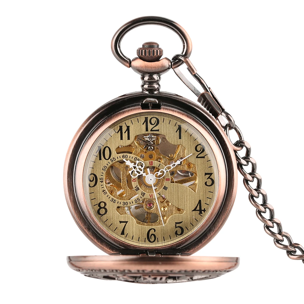 Fob Mechanical Hand Winding Pocket Watches With Chain Steampunk Necklace Gear Hollow Red Bronze Roman Numbers Unisex Watch reloj (12)
