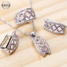 Фиолетовые свадебные комплекты ювелирных изделий, свадебные 925 пробы, серебряные серьги с камнем для женщин, ювелирные изделия с кольцом, ожерелье