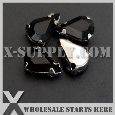 

6x10mm Mounted Tear Drop #1 Black Acrylic Rhinestone Gems in Silver NICKEL Sew on Setting for Shoe,Garment
