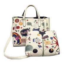 Bolso Del Diseño de Marca de lujo Mujeres Graffiti Impresión de Hombro Del Totalizador Bolsa Compuesto 2 ps Bolsa de Mensajero de Dibujos Animados Grandes Ojos MAQUILLAJE WB394