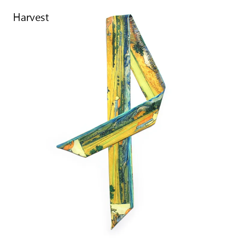9 Harvest Роскошный бренд тощий саржевый Шелковый женский шарф Ван Гог Картина маслом звездное небо маленькая лента голова ручка для волос шарф мода - Цвет: 9 Harvest