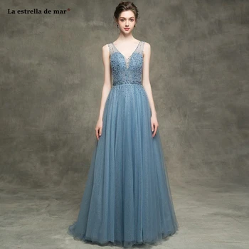 

Long dress for wedding party for woman2021 new tulle beaded sexy neck backless ALine gray blue bridesmaid dress long custom