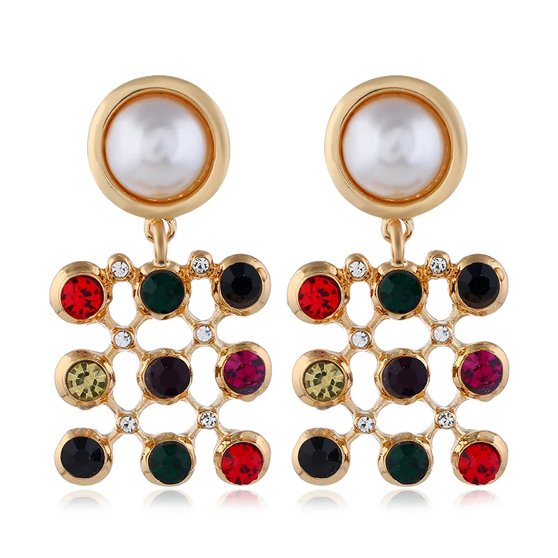 

adolph Brand Simulated Pearl Crystal Stud Earring For Woman New Vintage korean grid Statement Big Earrings Accessories brincos