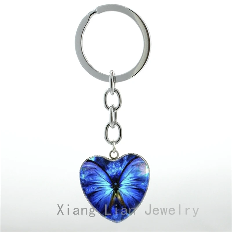 

Elegant charming Blue Butterfly photo heart pendant key chain ring vintage hope charm insects women jewelry keychain gifts HP111