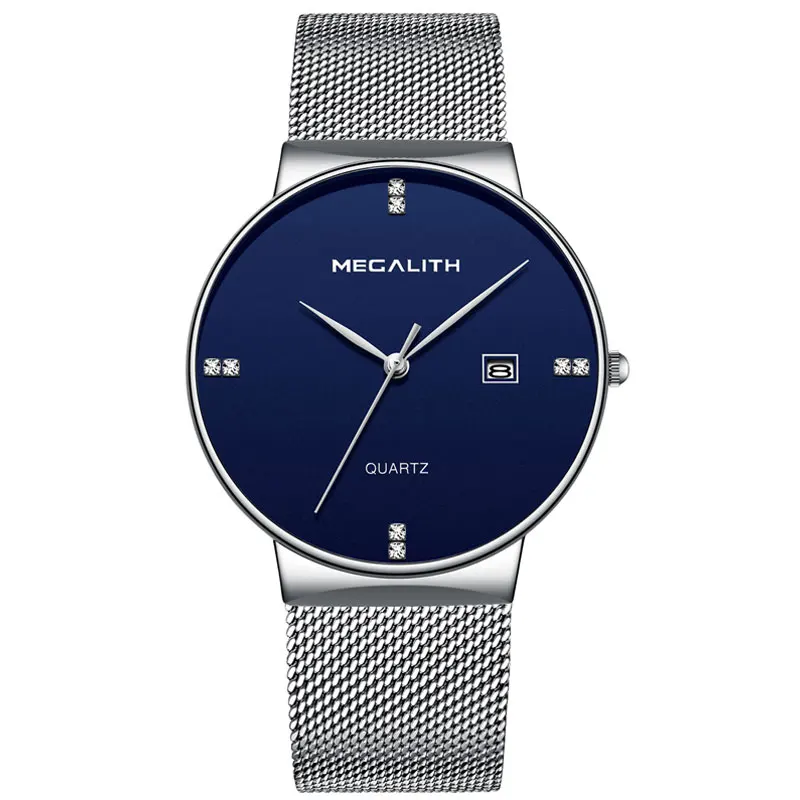 MEGALITH, мужские часы, новые роскошные брендовые часы, мужские водонепроницаемые спортивные кварцевые часы, ультра тонкий циферблат, дата, мужские часы, Relogio Masculino - Цвет: silver blue