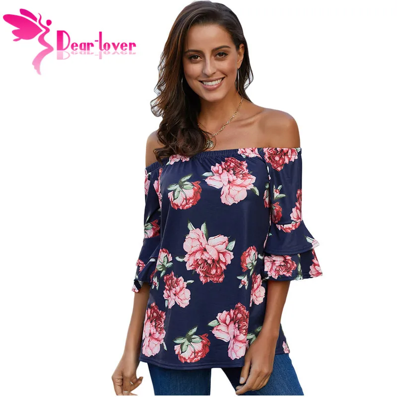 

Dear Lover Women Blouse Spring 2019 Blue Bring on The Floral 3/4 Sleeve Off The Shoulder Top Loose Casual Shirts Autumn LC251829