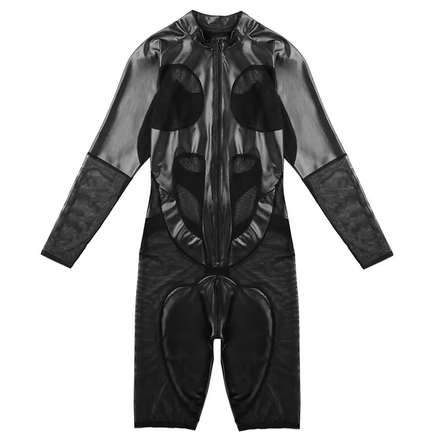 iEFiEL Mens Lingerie Sexy Male Faux Leather Mesh Splice Long Sleeve Zipper Soft Boxer Shorts Leotard Bodysuit Jumpsuit Romper -