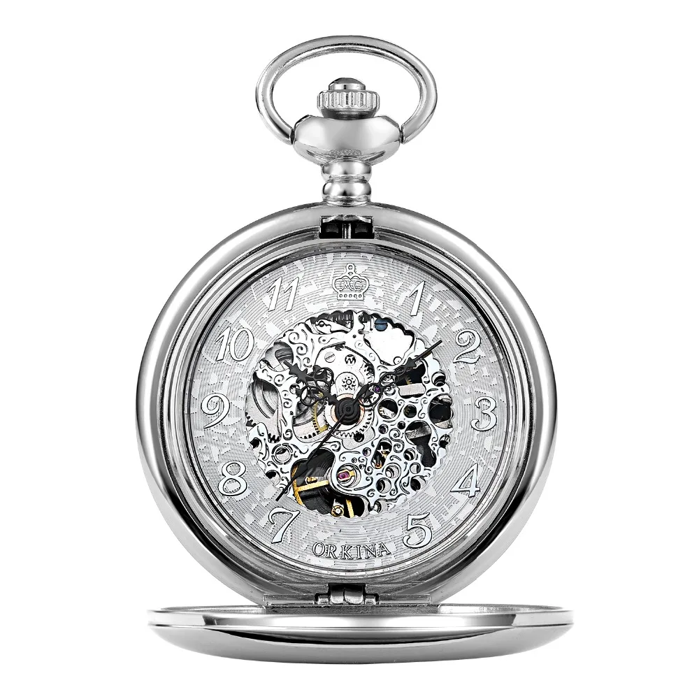 Mens Mechanical Antique Silver Pocket Watch Men Retro Hand Wind Necklace With Chain Skeleton