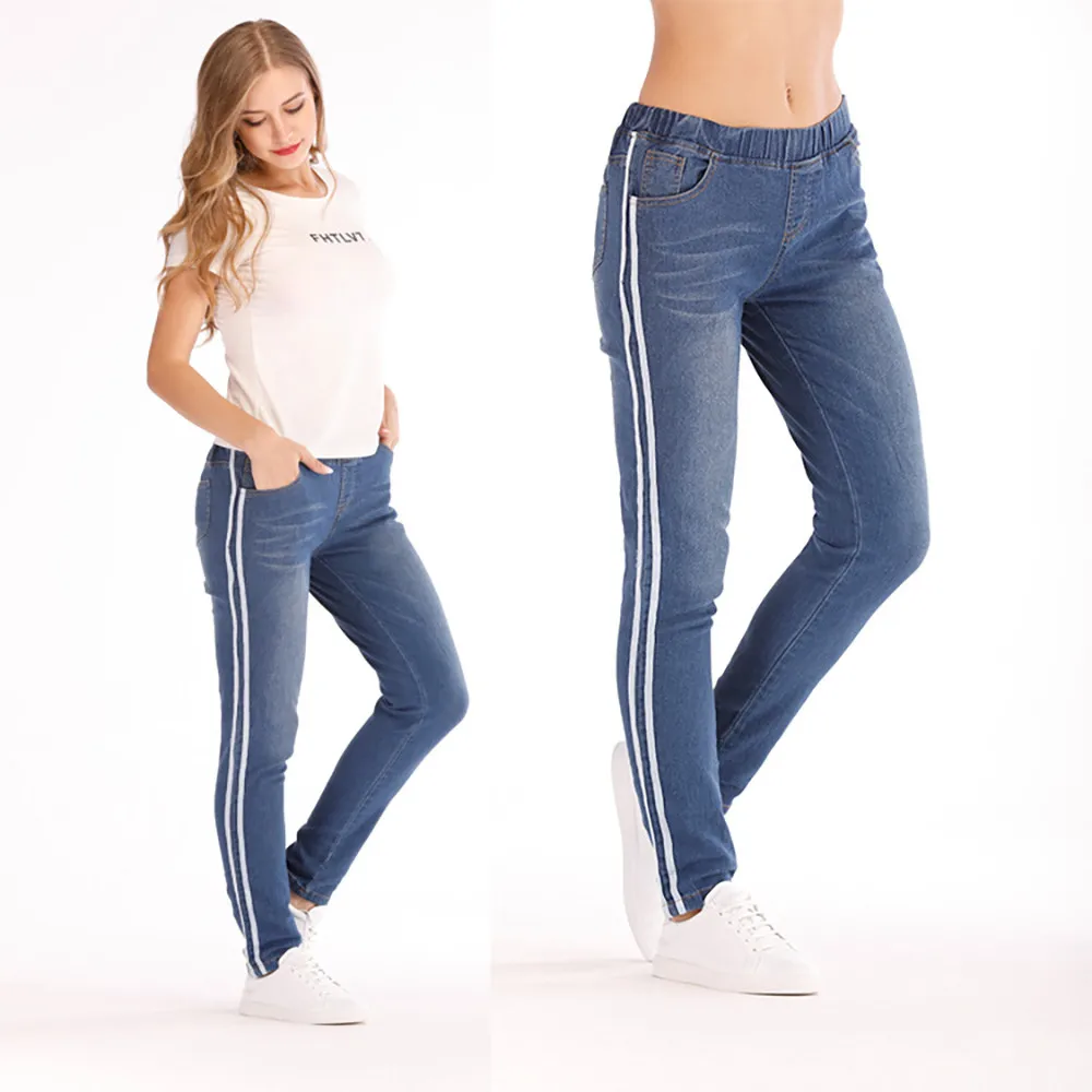 2019 джинсы-бойфренды для Для женщин осень эластичные Плюс узкие ноги Свободные джинсовая лента повседневные джинсы Для женщин джинсы Mujer