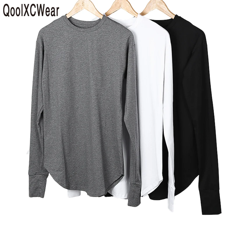 

QoolXCWear New Thumb Hole Cuffs Long Sleeve Tyga Swag Style Man High Low Side Split Hip Hop T Shirt T-shirt Men Clothes