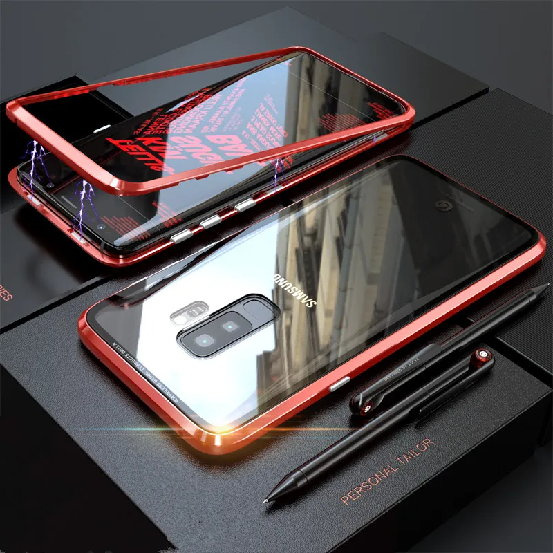 

BFOLLOW Magnetic Auto Case for Samsung Galaxy S9 / S9 Plus Metal Frame + Transparent Tempered Glass Back Cover