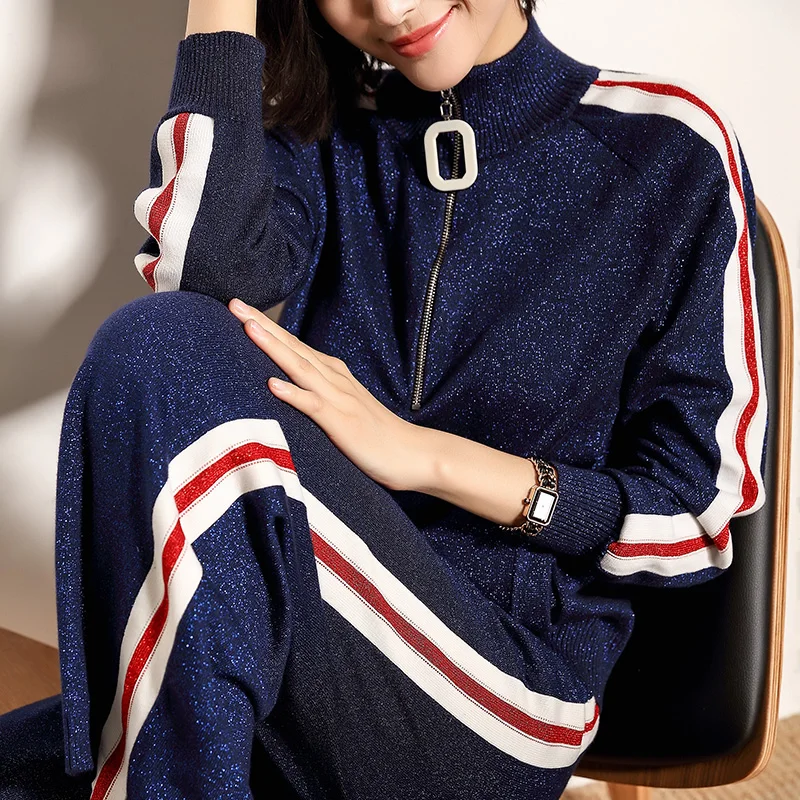 

2019 Real Time-limited Rayon Full Zipper Spring Fashion Suit Knit Sweater + Casual Pants Two-piece Woman Tracksuit Women