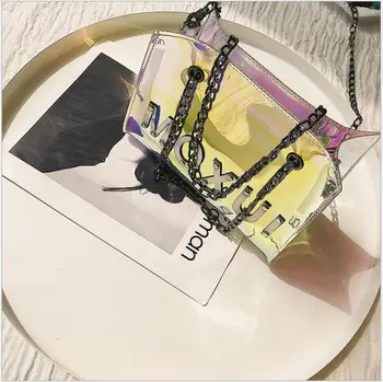 

Summer Fashion 2018 Handbag Laser Transparent Women Messenger Bags Chain Letter Shoulder bag Lady Travel Beach Cross Body Bag.