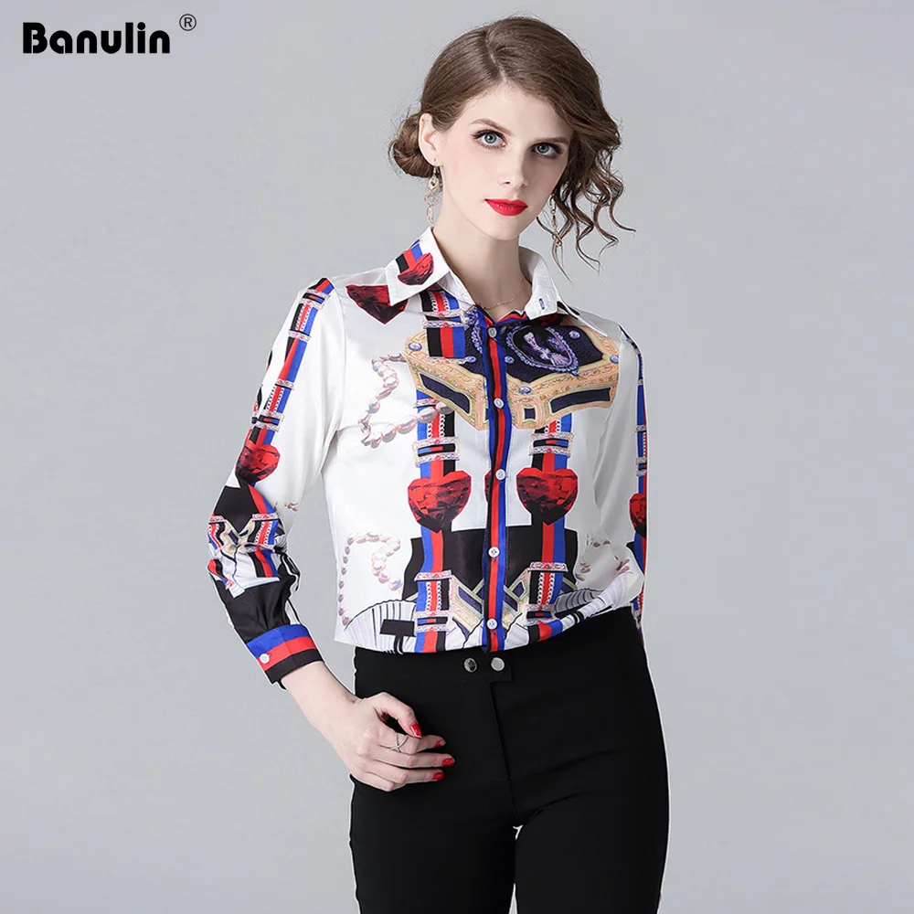 

High Quality Runway Designer Blouse 2019 Spring Fashion Long Sleeve Turn-down Collar Heart Printed Shirt Casual Tops Blusas