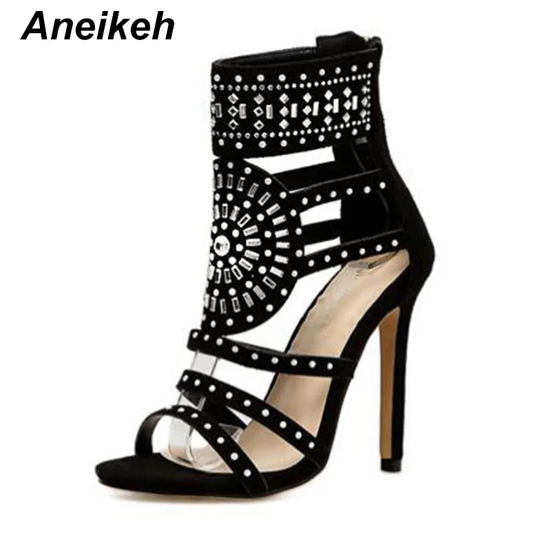 Goede Aneikeh Vrouwen Mode Open Teen Strass Ontwerp Hoge Hak Sandalen Crystal Ankle Wrap Glitter Diamond Gladiator Zwart Maat 35  40