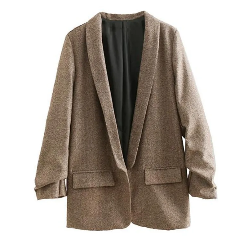 2018 Women Autumn Winter Retro Mix color Twill Blazer Shawl Collar Ruched Cuff Mid Long Suit Casual Jacket Loose Coat
