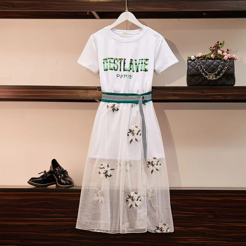 

2019 Summer 2 Piece Set Women Letter Cotton Long T-Shirt Dress + Lace-up Floral Embroidery Mid-calf See Through Mesh Skirt Set