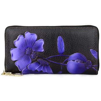 

Women Wallets 2019 Luxury Designer Female Purse Genuine Leather Purple Embossing Floral Black Coin Pocket Credit Card Wallet