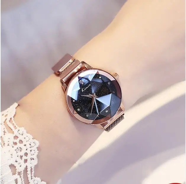 

Kimio Brand Luxury Ladies Magnet Suction Clasp Watch For Women Crystal Star Dial Dress Watches Stainless Steel Mesh Belt Watch