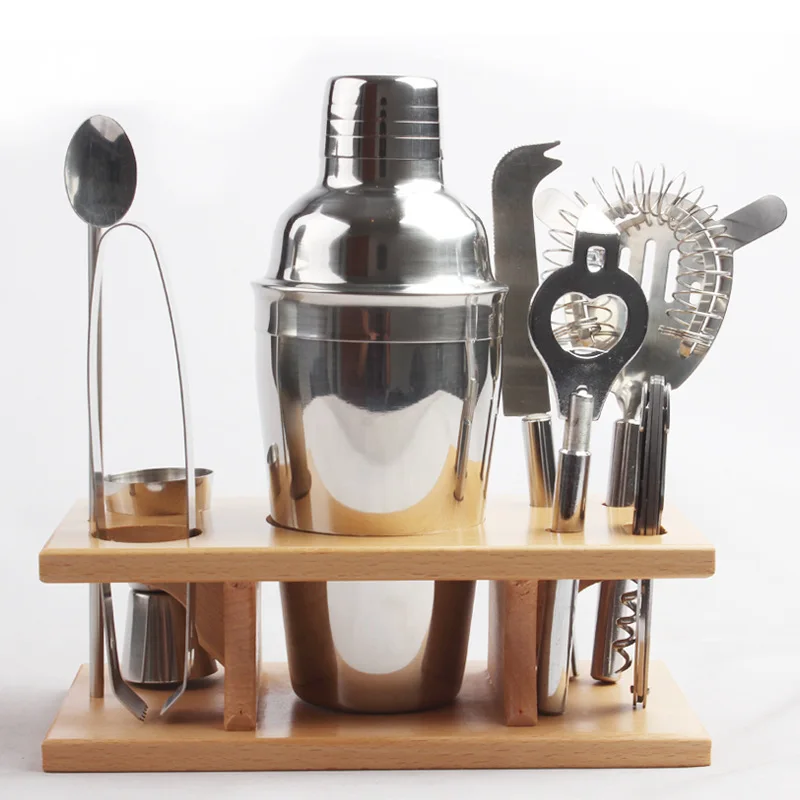 

750ML Cocktail Shaker Set 9 Piece Stainless Steel Bartender Set with Bamboo Base Kitchen Accessories Cocktail Bar Tool Set