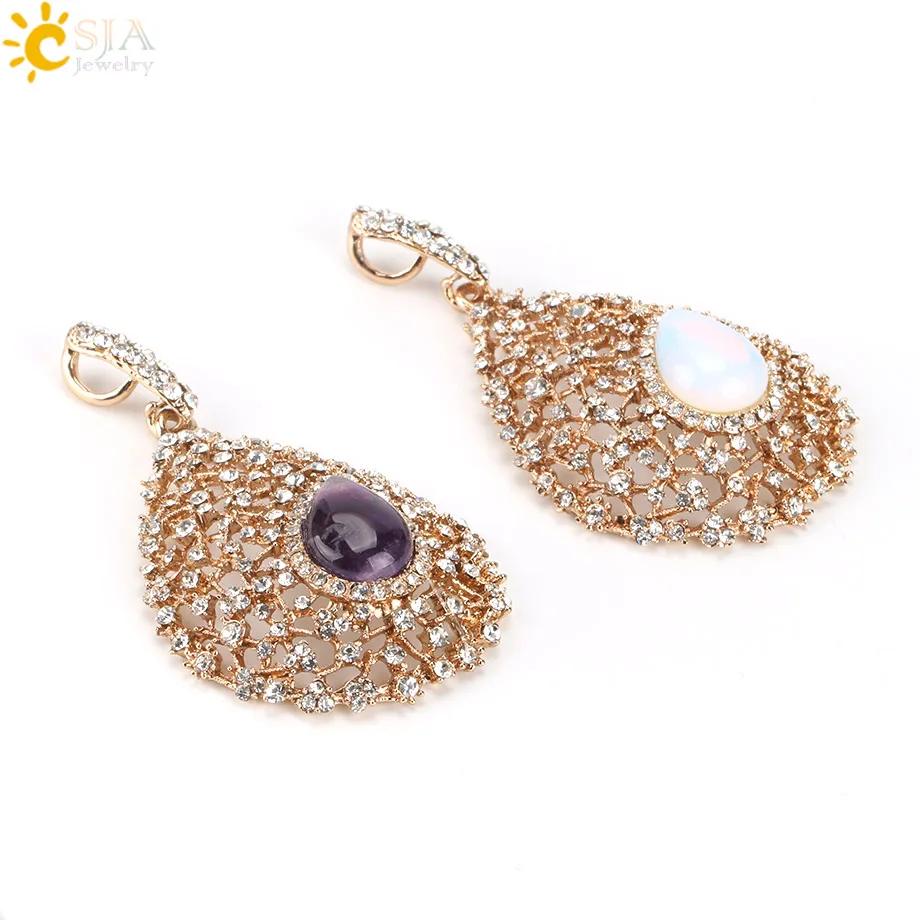 

CSJA Super Bling Women Jewelry Necklace Cubic Zircon Beads Gold Color Branch Hollow Charms Water Drop Nature Stone Pendant E489