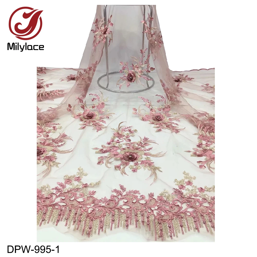 

High End Design 3D Flowers Beaded Bridal Lace Fabric Embroidery Lace Fabric French Lace Mesh Tulle Lace Fabric DPW-995