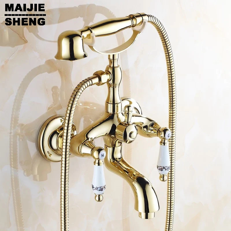 

Free Shipping Shower mixer Faucet Mixer Tap G018 Luxury golden Style BathTub Faucet Ceramic Handle Handheld bath
