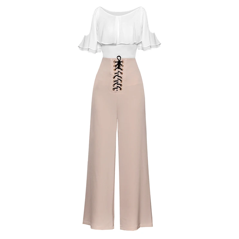 

HIGH QUALITY Newest Fashion 2019 Runway Suit Women's Shoulder Hollow Ruffle Blouse Top Lacing Up Wide Leg Pants Set