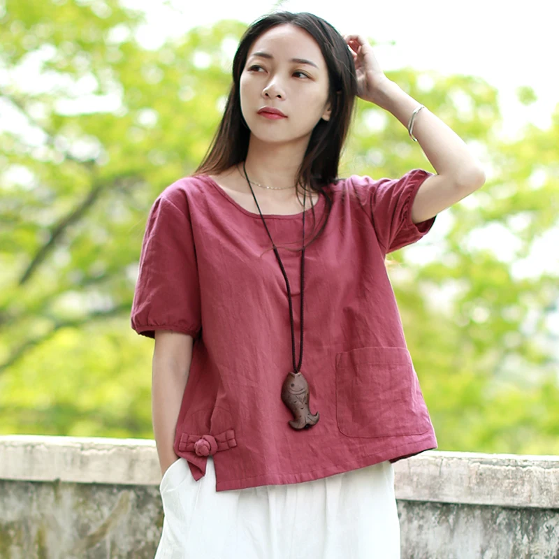 

Hisenky 2019 Summer Tops Women Blouses Cotton Linen Wine Red Shirt Traditional Chinese Clothing Camisas Female Blusas Femininas