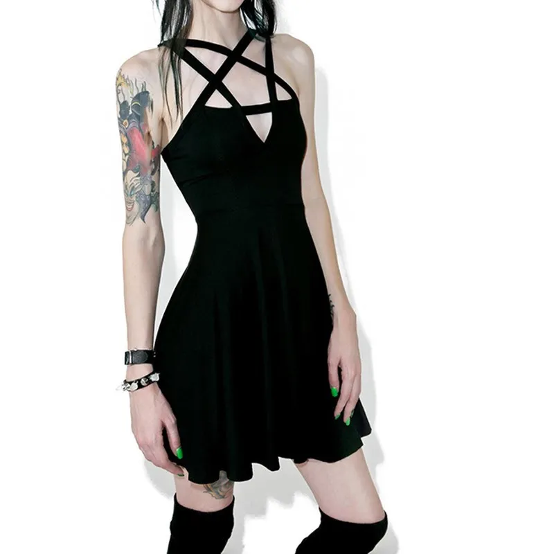 

2019 Summer Women Slim Sexy Mini Dress Gothic Women Black Pentagram Goth Dress