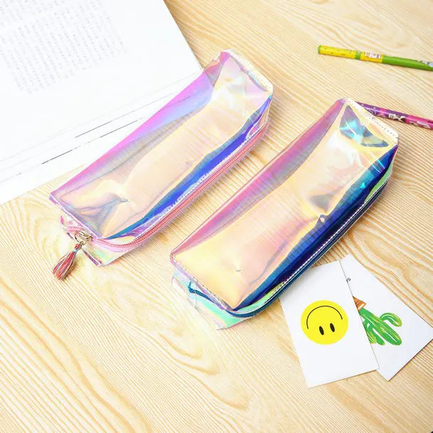 Флуоресцентный Прозрачный чехол для карандашей, супер блестящий ПУ лазерный пенал, сумка для девочек, прочная вместительная школьная принадлежности, канцелярские принадлежности