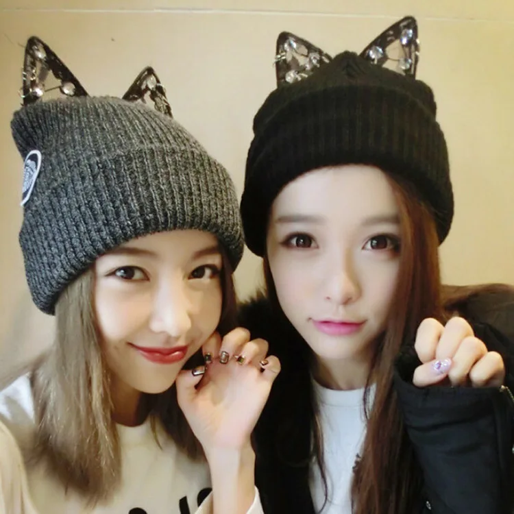 

2016 Fashion Lady Girls Winter wool makes hotspot Cat Ear Hat Grey and Black Beanies