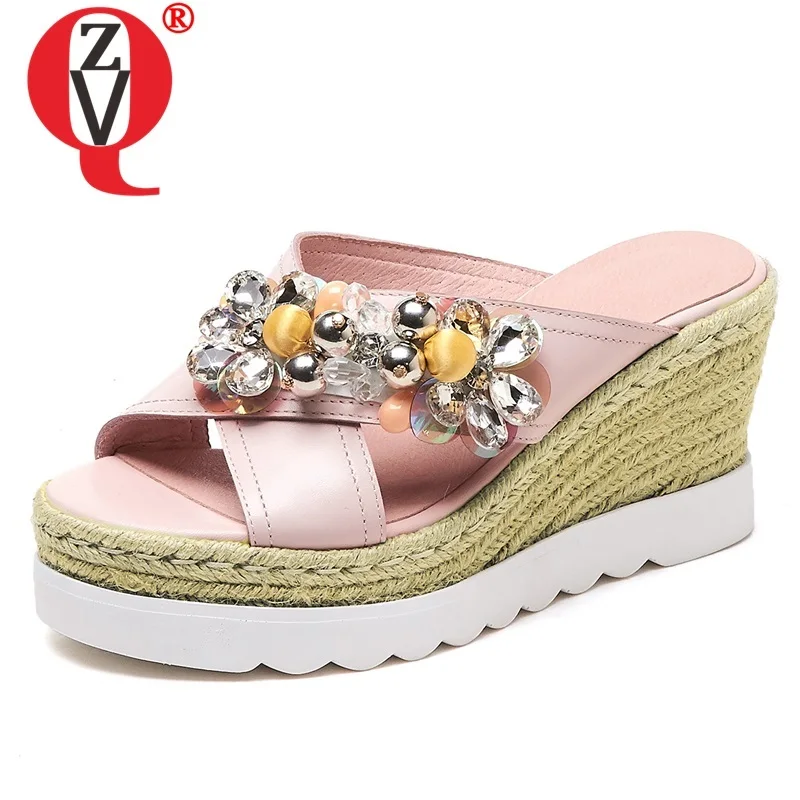 

ZVQ shoes woman 2019 summer new fashion genuine leather flower woman slippers outside super high wedges platform ladies sandals
