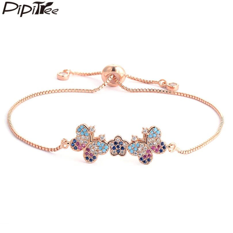 

Pipitree Luxury Multi Pave Cubic Zirconia Double Butterfly and Flower Charm Bracelet Bangle Slider Chain Women Bracelets Jewelry