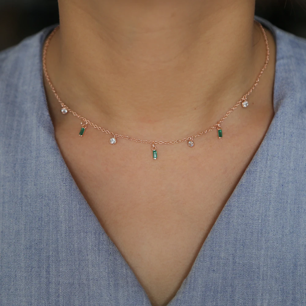 collarbone necklace 2018 new arrived 3 colors green blue red baguette round geomtric cz drop charm lovely gorgeous charm jewelry - Image 5