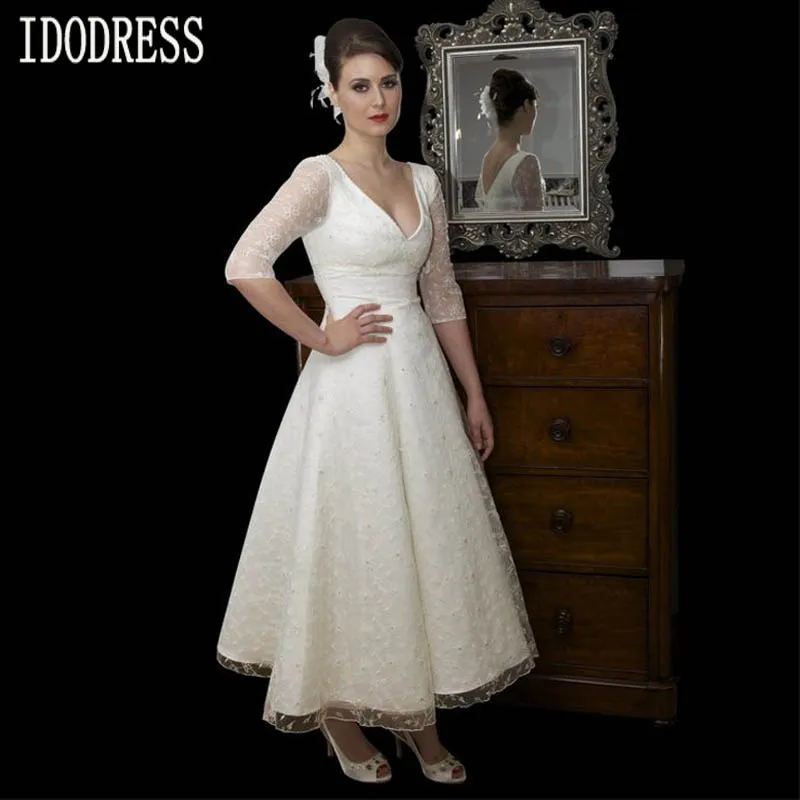 V Neck Lace Long Sleeves Simple White  Short Wedding  Dress  